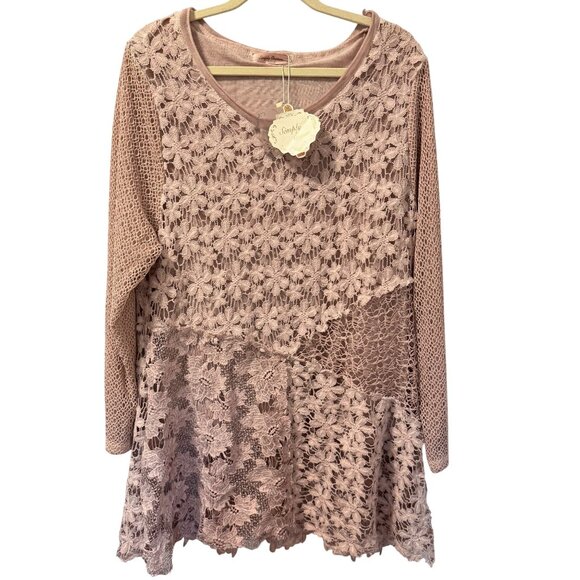 Simply Couture Blouse Sz XL Rose Lace Patchwork Tunic Top. NWT - Picture 3 of 12